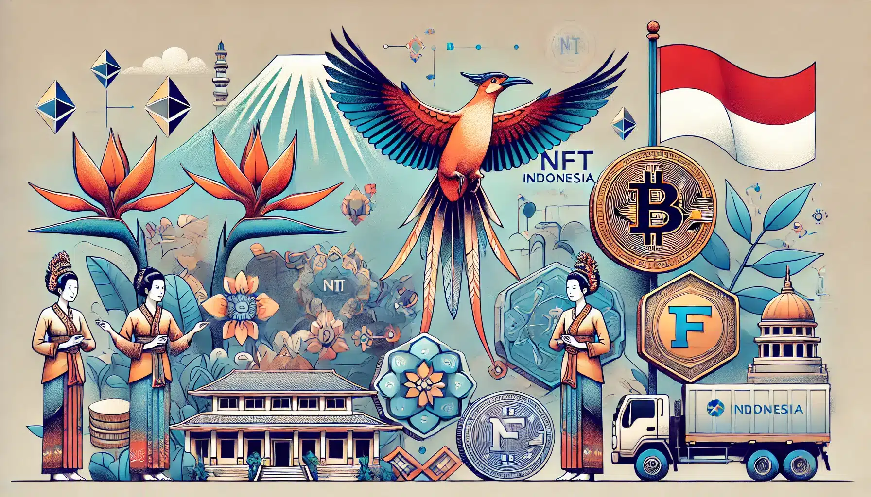 Indonesias launch of NFT backed stamps with elements that evoke the culture and heritage of Indonesia. Incorporate traditi