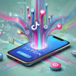 focusing on the concept of TikTok and tap to earn games. The image features a mobile phone with dynamic abstract shapes representin