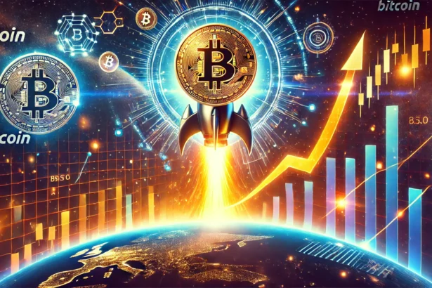 Bitcoins anticipated parabolic growth. The design features a glowing Bitcoin logo atop a rocket like trajectory