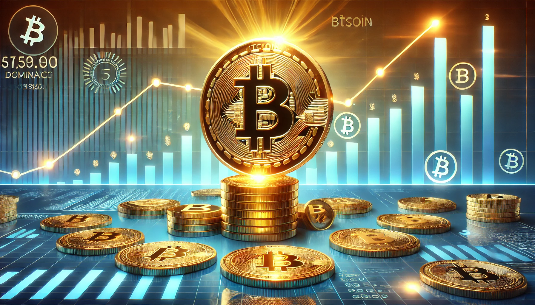 Bitcoins dominance over altcoins in the cryptocurrency market. The image features a glowing golden Bitcoin symbol t