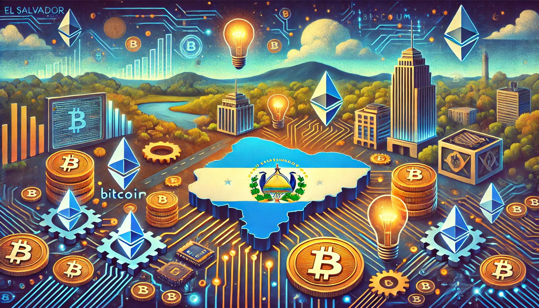 DALL·E 2024 11 18 12.08.27 A vibrant landscape illustration showcasing El Salvadors advancements in licensing for cryptocurrency emphasizing innovation and investment. The sce