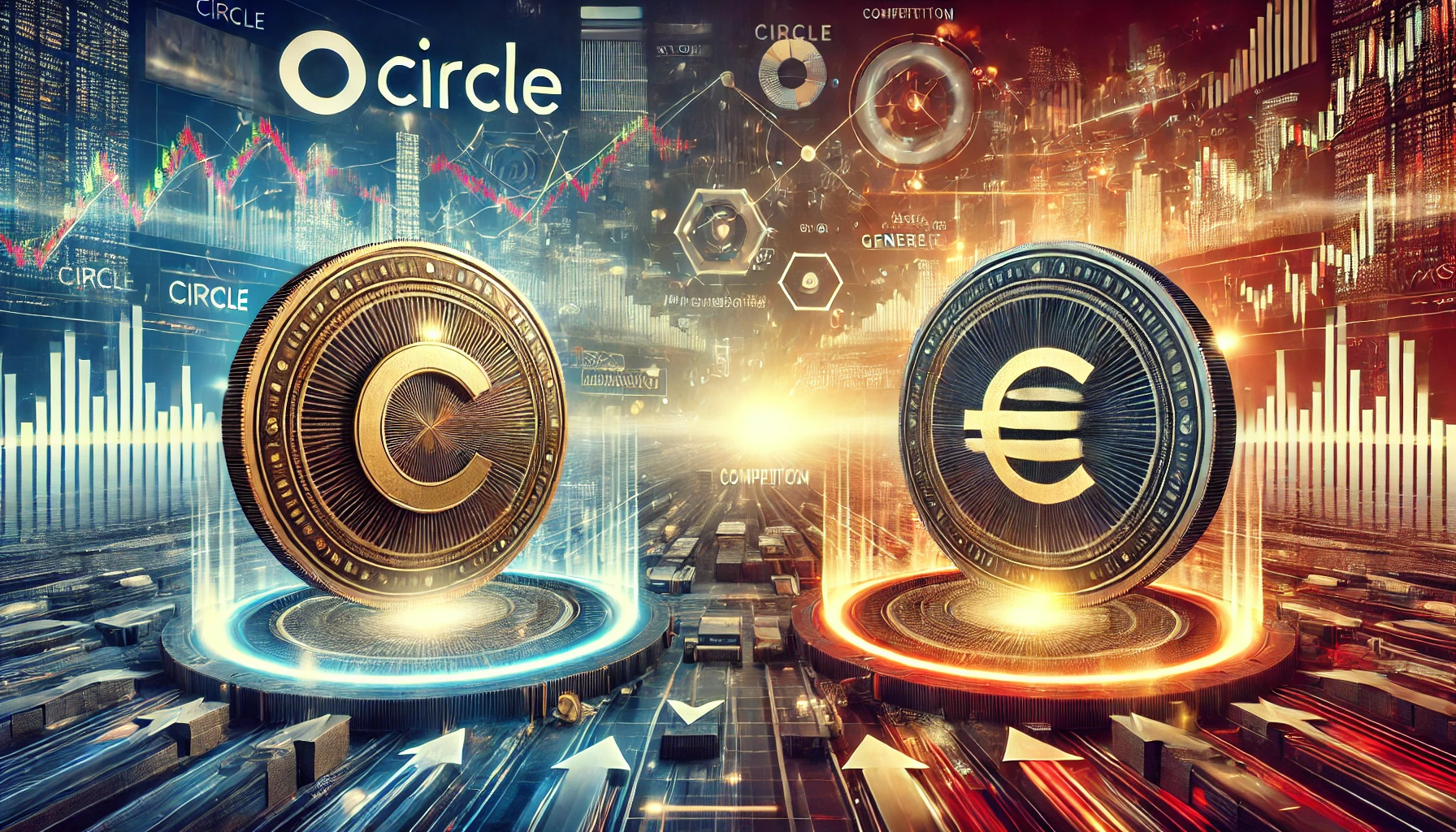 DALL·E 2024 11 19 10.46.41 A visually engaging landscape image showcasing competition between Circle and Societe Generale in the financial technology space. The composition feat