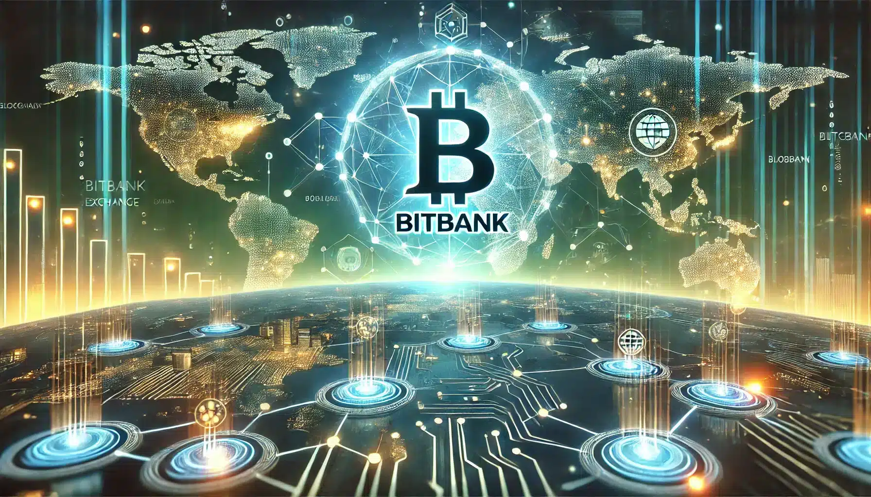 DALL·E 2024 11 12 12.07.33 A futuristic landscape style image featuring Bitbank a Japanese cryptocurrency exchange launching a new arm to support global blockchain initiatives