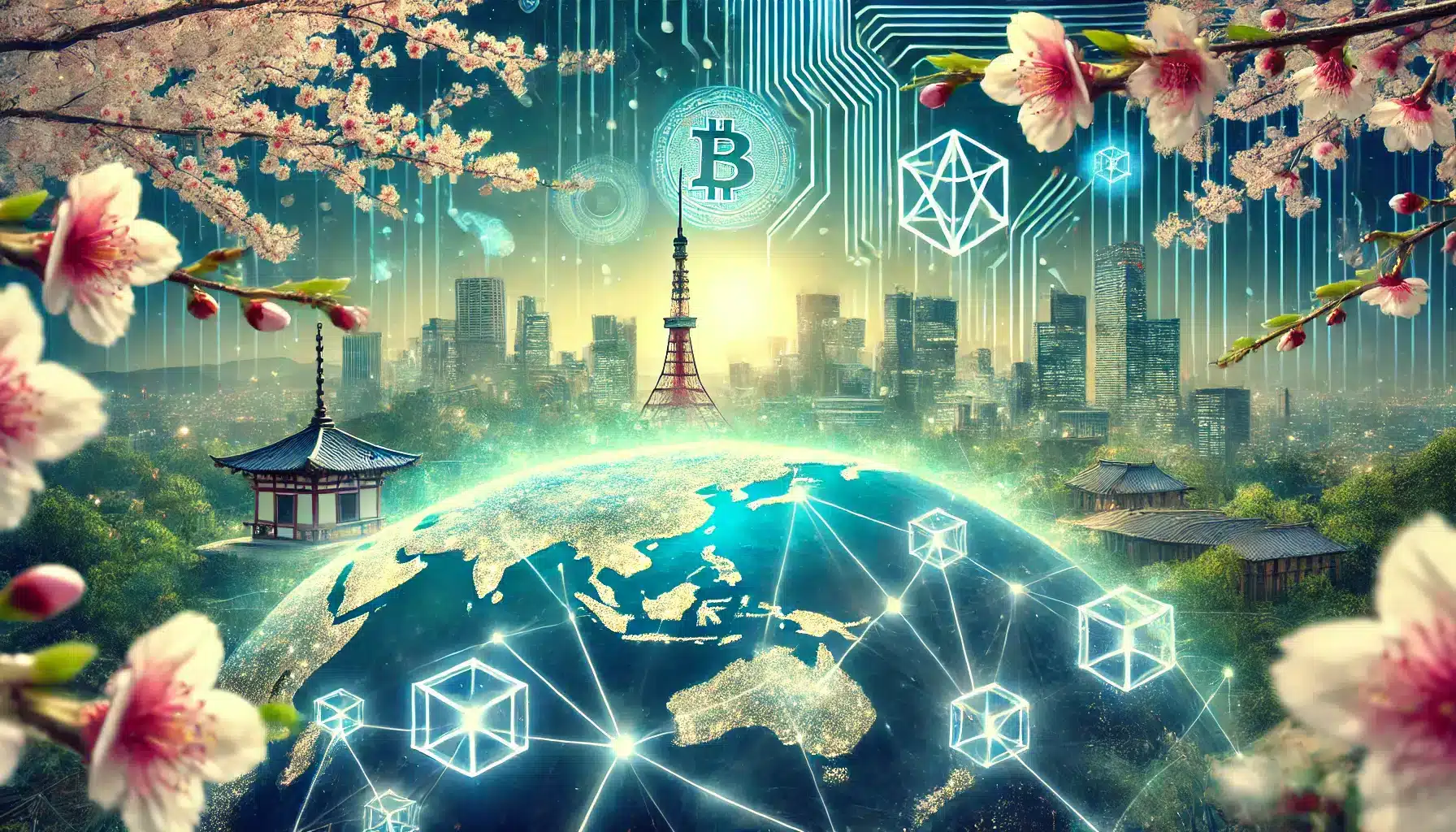 DALL·E 2024 11 12 12.19.11 A landscape style image illustrating Japanese cryptocurrency firms aiming for global blockchain expansion. The scene features iconic Japanese elements