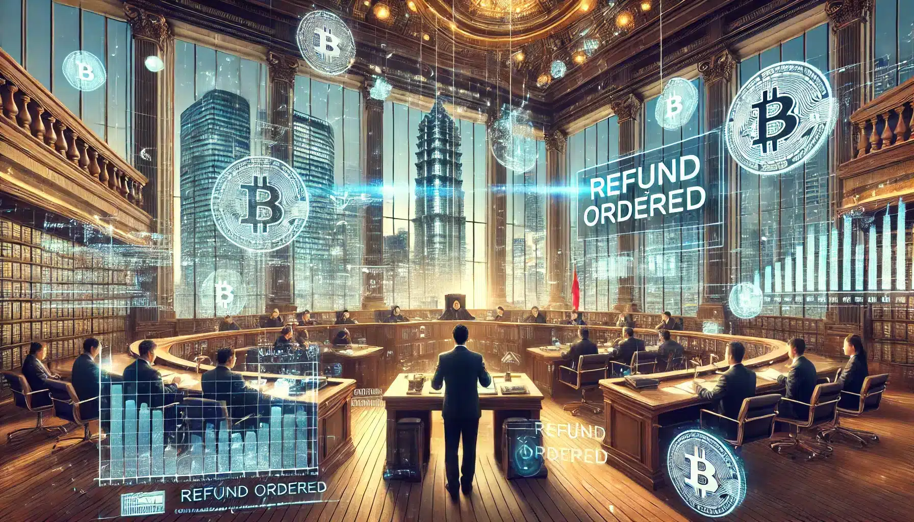 DALL·E 2024 11 21 10.51.45 A detailed digital illustration depicting a futuristic courtroom in Shanghai with modern skyscrapers visible through large windows symbolizing the c