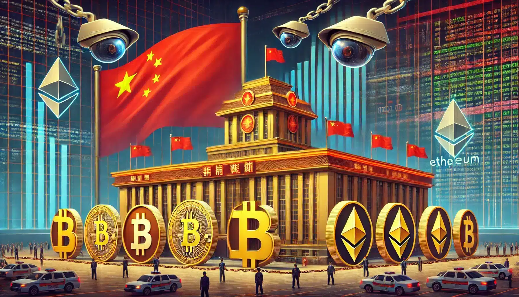DALL·E 2024 11 21 10.52.45 A conceptual illustration depicting Chinas enforcement of strict regulations on cryptocurrency transactions. The image features a large imposing Chi