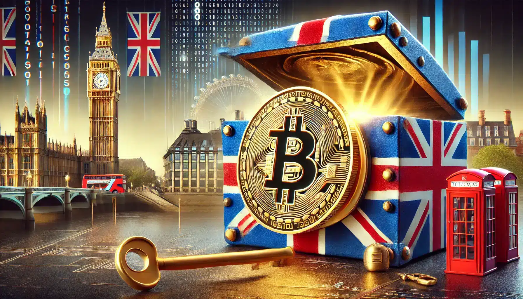DALL·E 2024 11 26 12.25.17 A symbolic representation of Bitcoin as a key to the UKs economic resilience. The scene features a massive Bitcoin coin embedded in a sturdy golden