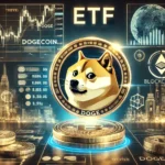 Dogecoin DOGE as a glowing coin surrounded by ETF related visuals. The image includes a stock market like ch