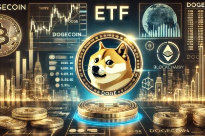 Dogecoin DOGE as a glowing coin surrounded by ETF related visuals. The image includes a stock market like ch