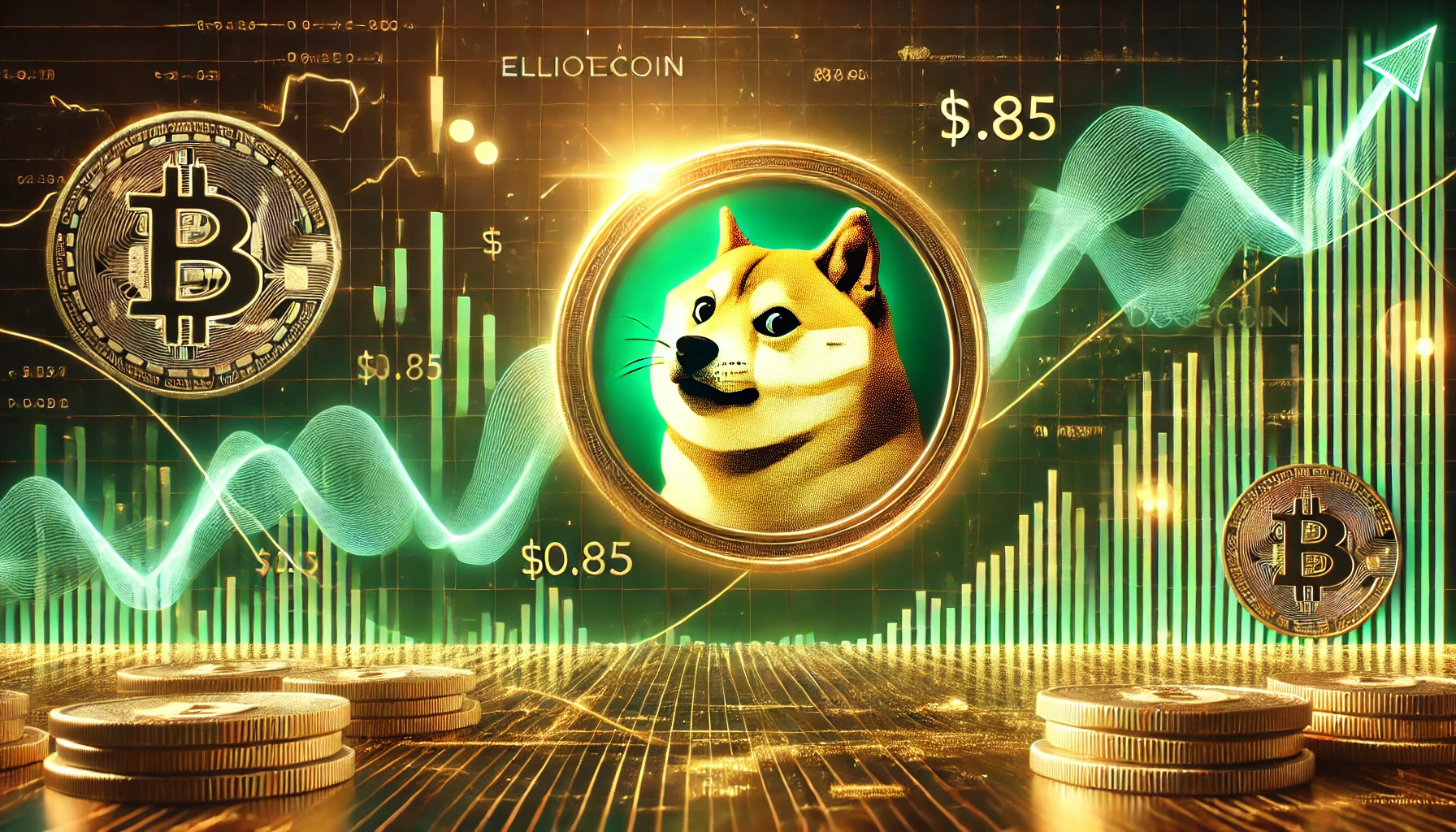 Dogecoins potential rally to 0.85 based on Elliott Wave Theory. The scene features a glowing Dogecoin lo