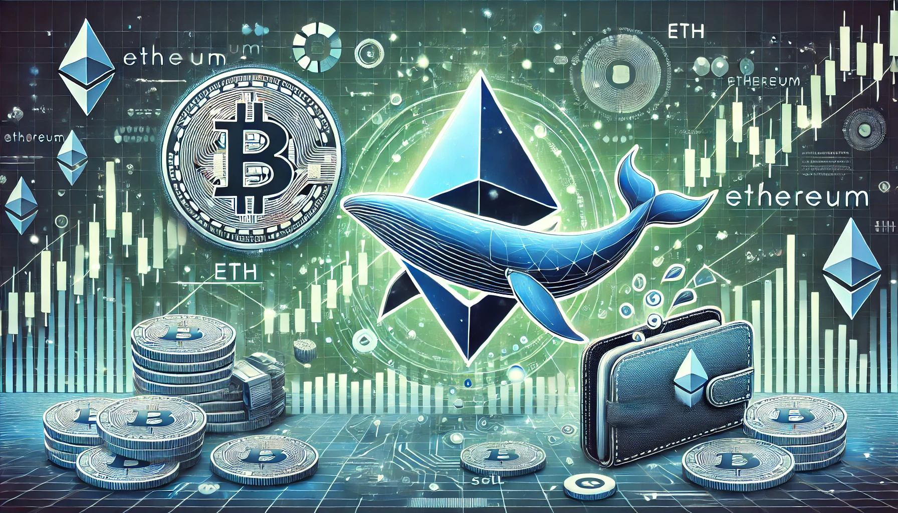 Ethereum ETH whale activity. The image features a large Ethereum symbol and a whale figure to represent major investors in