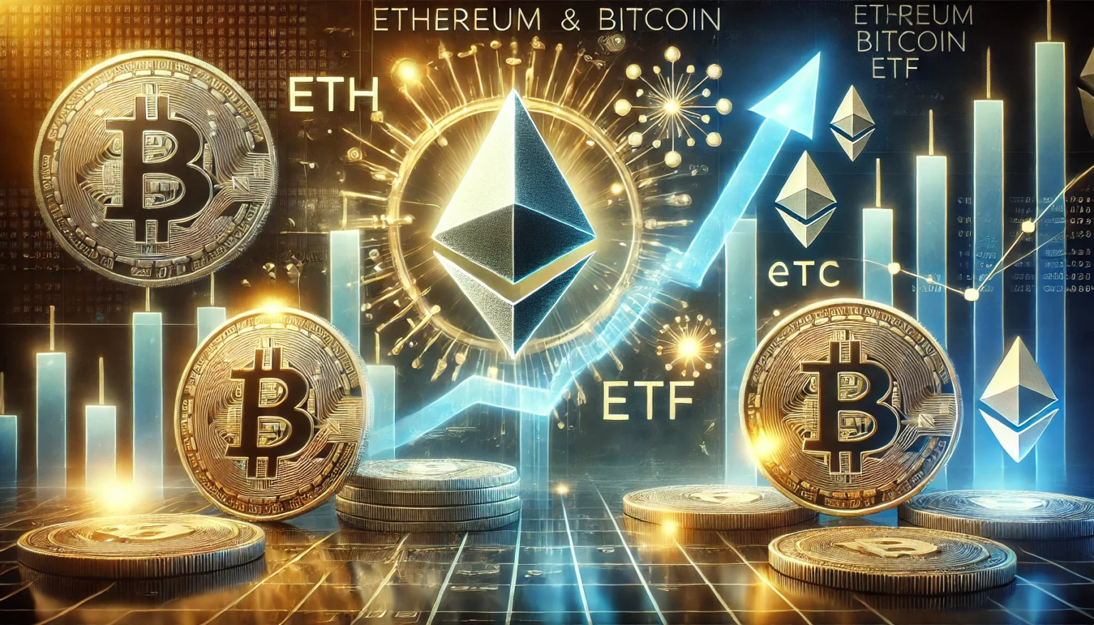 Ethereum and Bitcoin ETF inflows. The image features the logos of Ethereum ETH and Bitcoin BTC promine