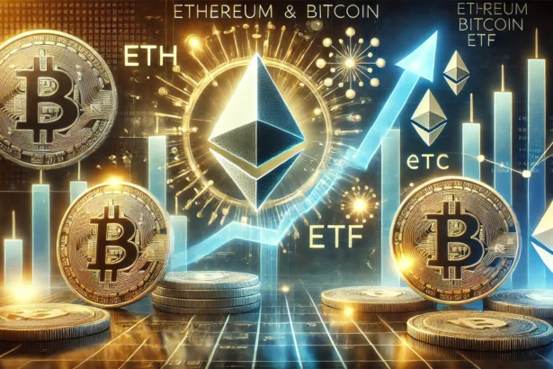 Ethereum and Bitcoin ETF inflows. The image features the logos of Ethereum ETH and Bitcoin BTC promine