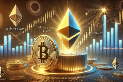 Ethereum and Bitcoin in a competitive scenario symbolizing the potential decline of Ethereum against Bitcoin. The i