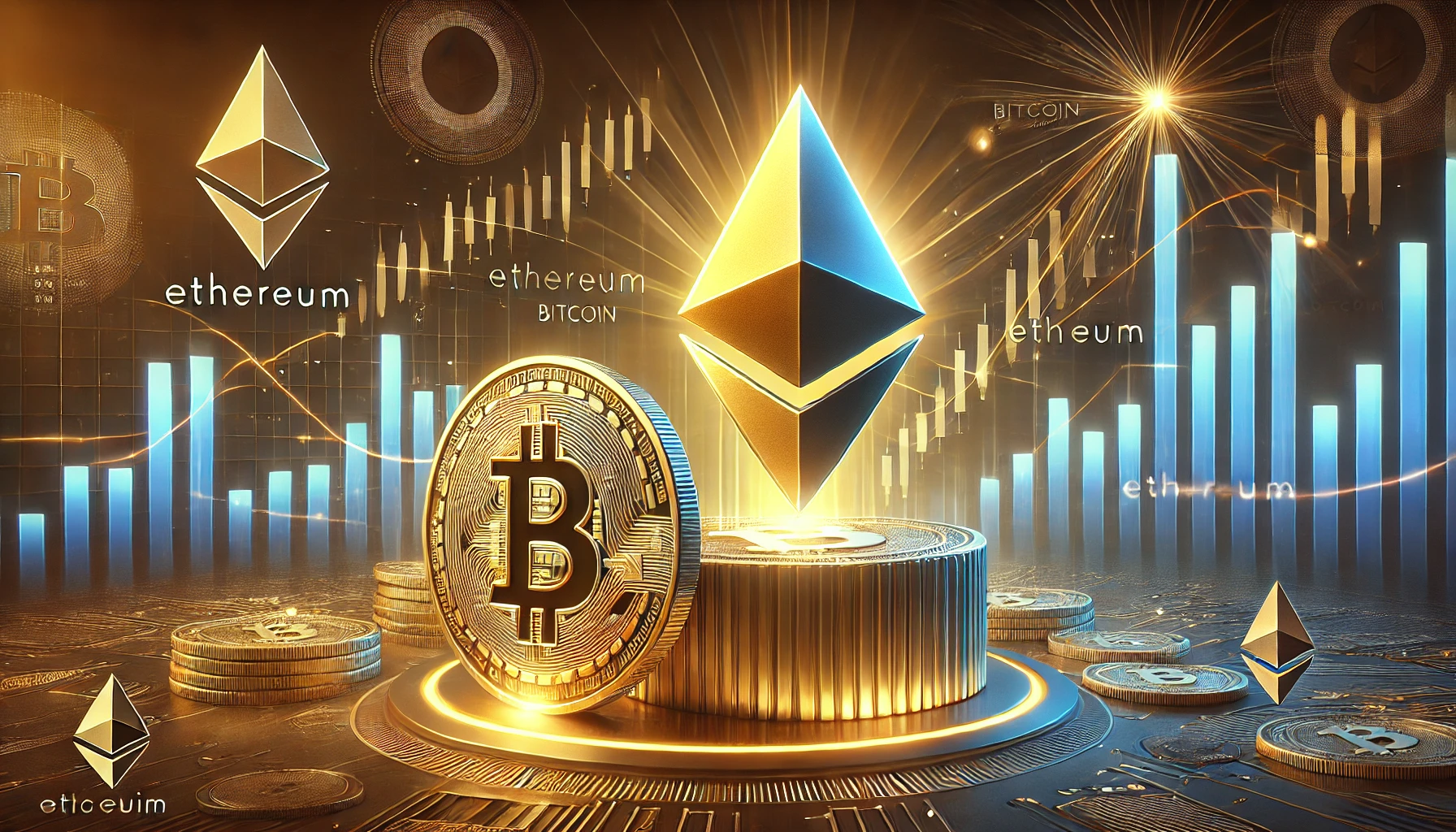 Ethereum and Bitcoin in a competitive scenario symbolizing the potential decline of Ethereum against Bitcoin. The i