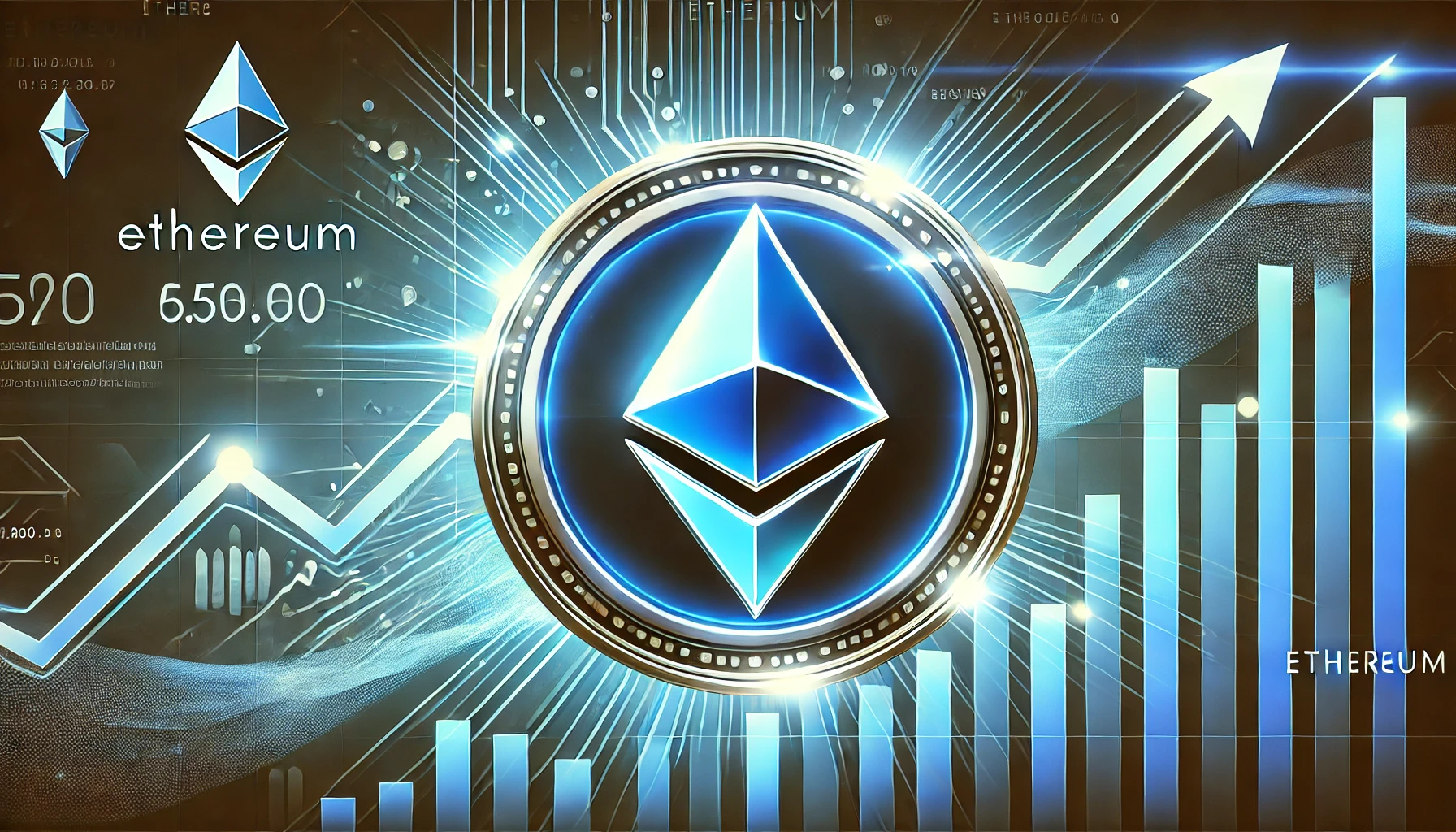 Ethereums glowing logo in vibrant blue and silver tones symbolizing its market recovery and