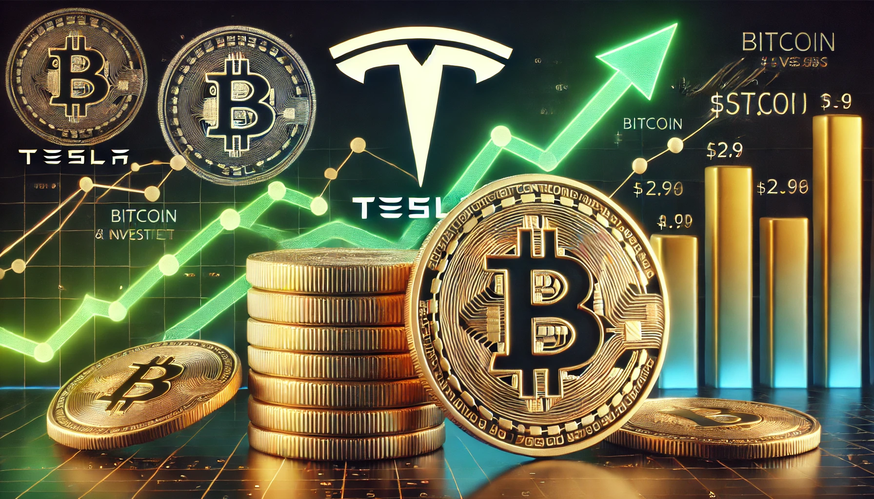 Teslas profit from Bitcoin investment. The image features a large Bitcoin symbol alongside the Tesla logo with abstract ele