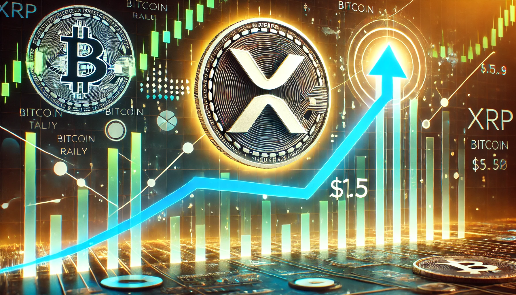 XRPs potential rise towards the 1.5 target with a prominent XRP symbol ascending on a digital chart background. The image