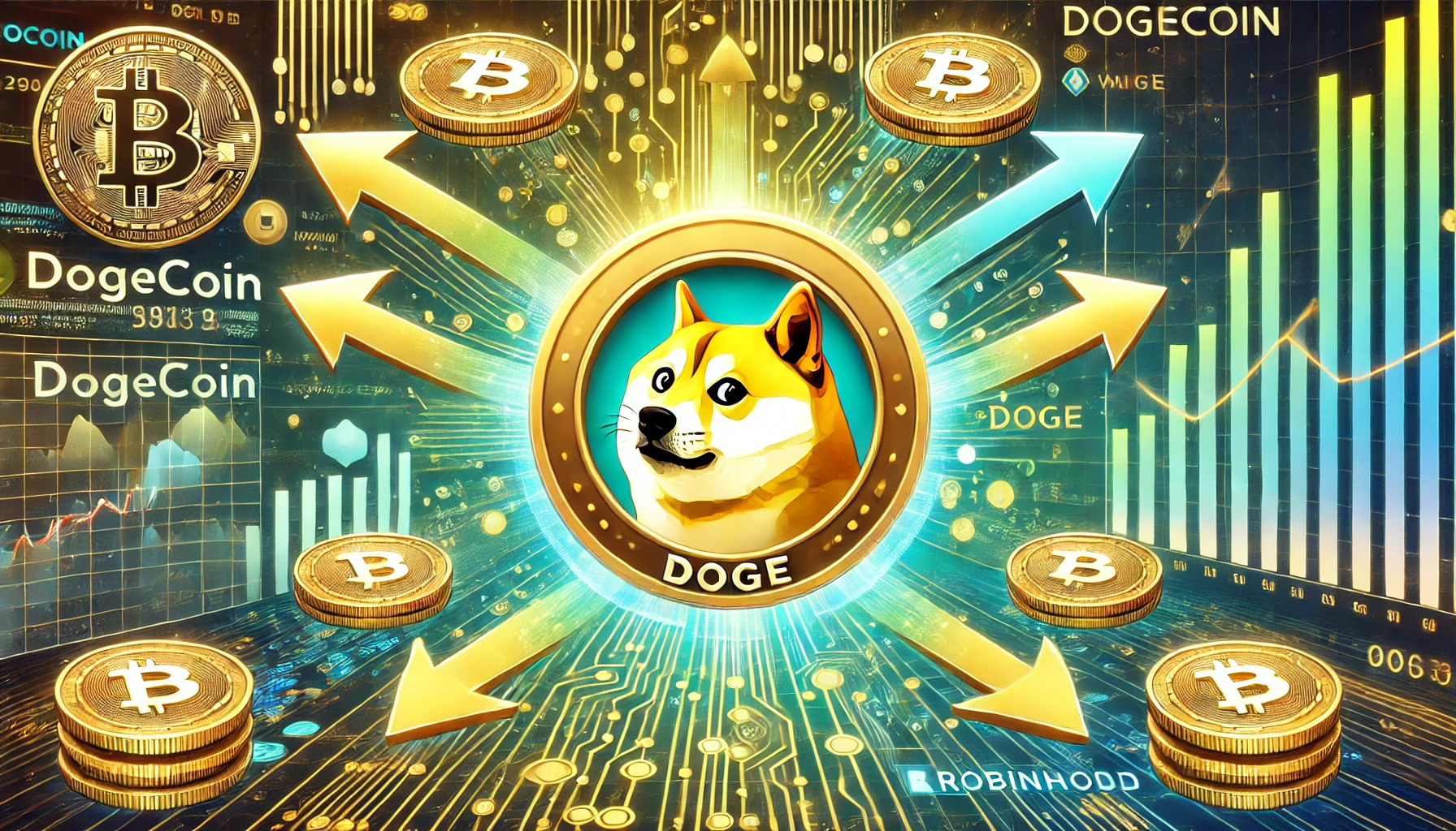 depicting Dogecoin DOGE whale transactions. The image features the Dogecoin logo prominently in the center with large