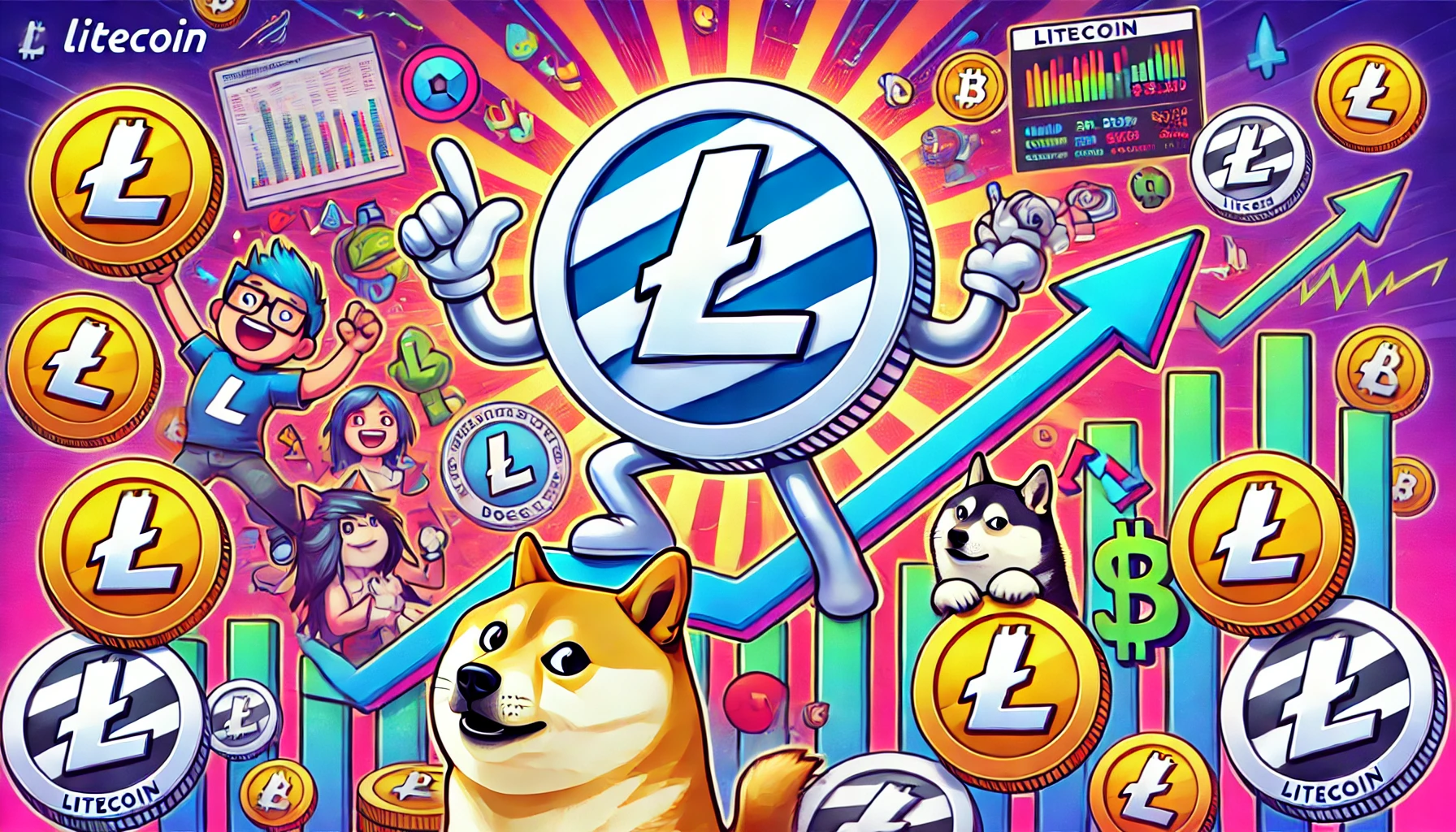 digital illustration of Litecoin embracing the memecoin identity featuring the Litecoin logo styled with a fun cartoon like