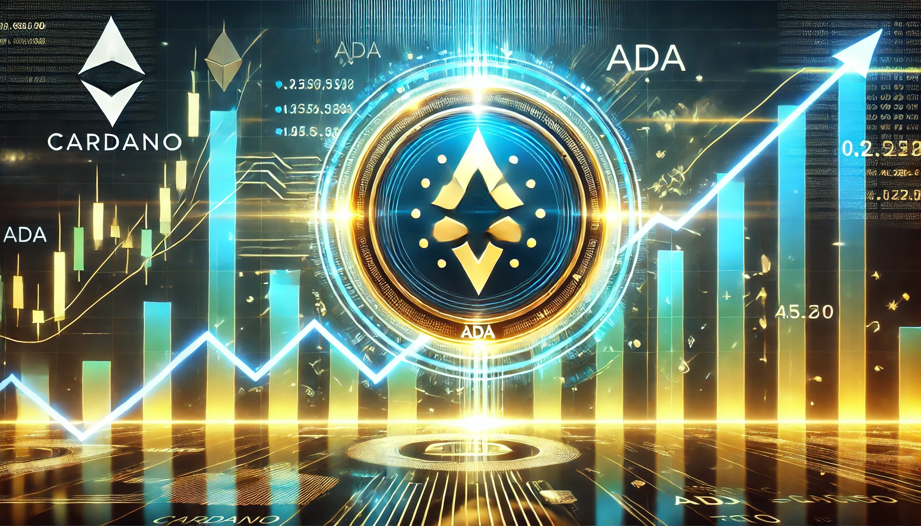 featuring Cardano ADA prominently displayed with its logo surrounded by upward trend lines and fina