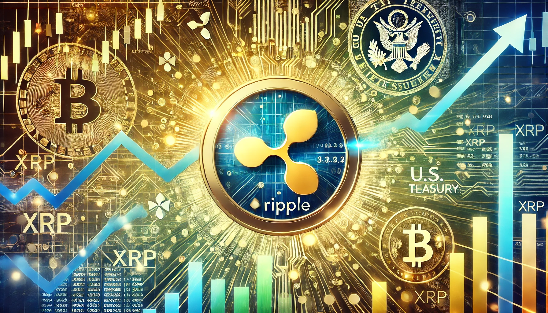 featuring the Ripple XRP logo prominently. The background includes visuals of blockchain