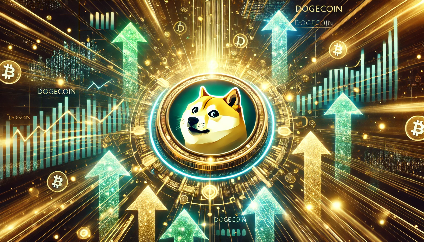 focusing on Dogecoin and its potential growth. The design features a glowing Dogecoin logo at the center