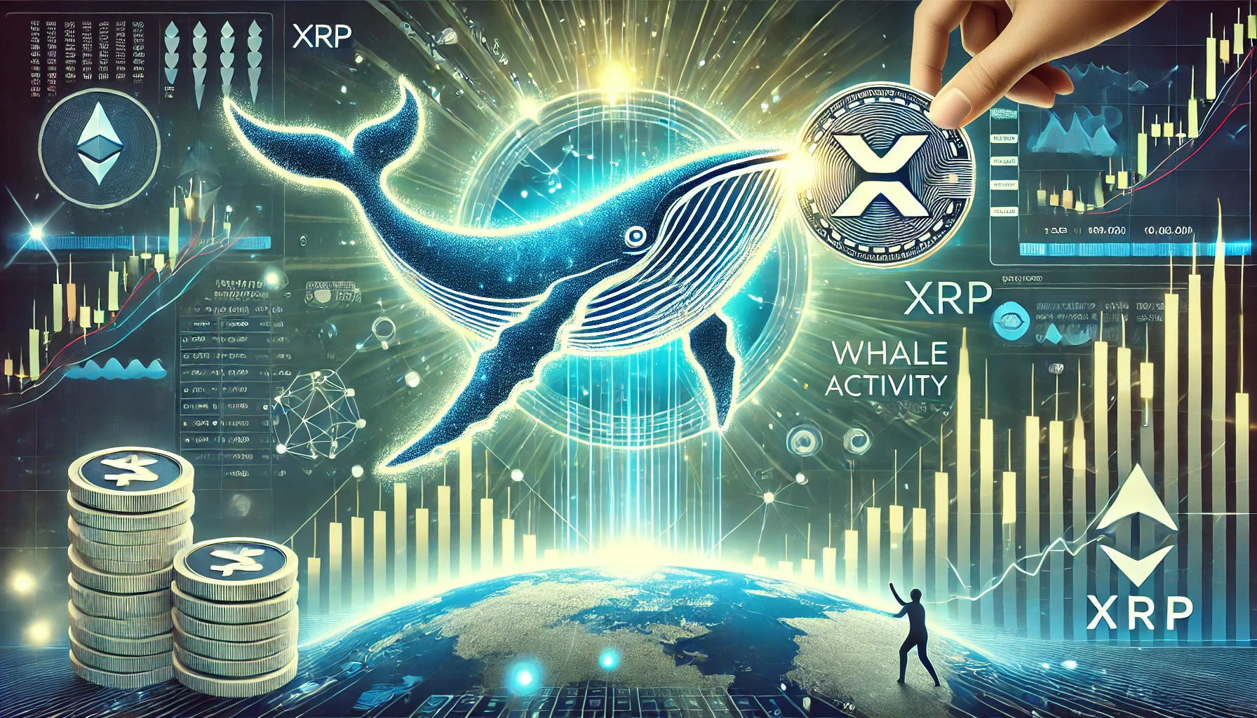 highlighting XRP whale activity and market momentum. The design features the XRP logo prominently with