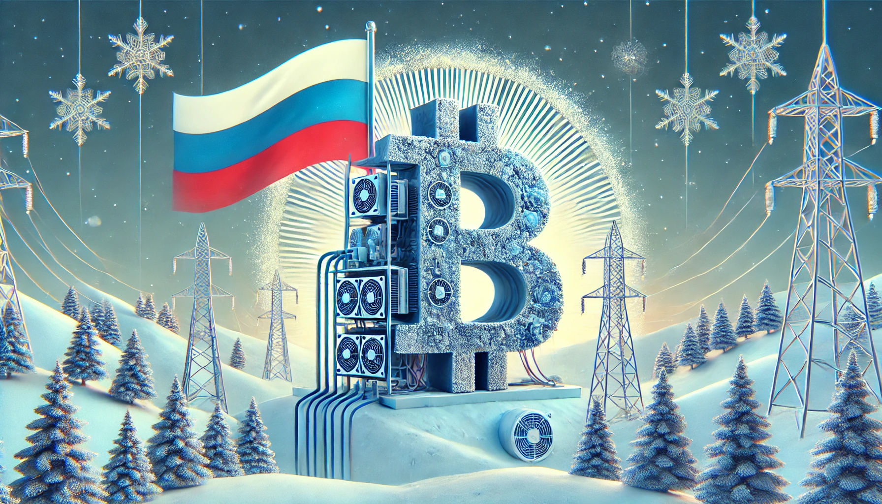 illustrating Russia is winter restrictions on cryptocurrency mining. The design features a cold snowy landscape with a larg