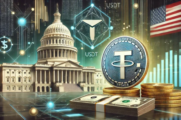 illustration focusing on the connection between the United States and Tether USDT. The image features a Tether coin pr