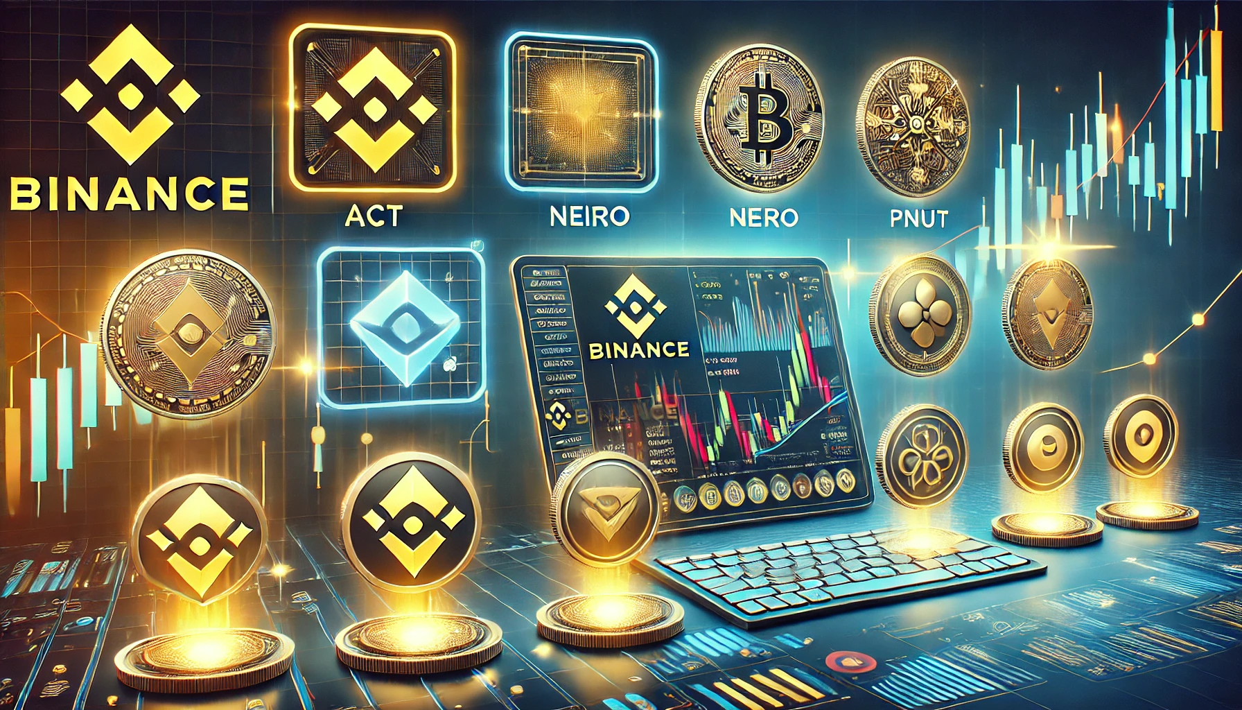 modern digital illustration representing Binances launch of six new trading pairs highlighting ACT NEIRO and PNUT tokens. The i