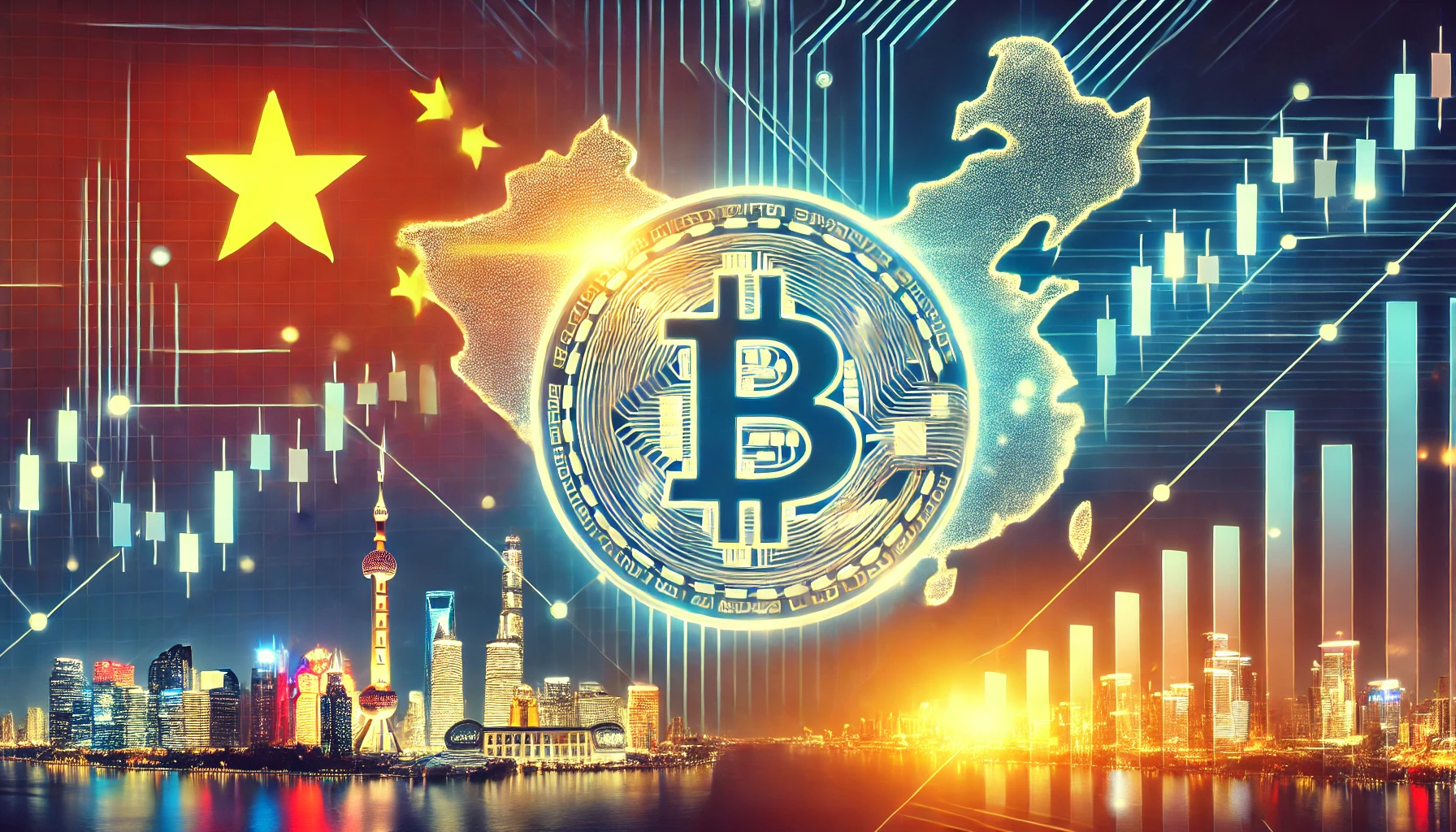 modern digital illustration symbolizing a potential change in Chinas stance on cryptocurrency. The image features a Bitcoin symbol