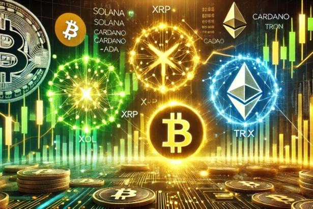 showcasing the rise of altcoins like Solana SOL XRP Cardano ADA and Tron TRX in the crypto market. The scene