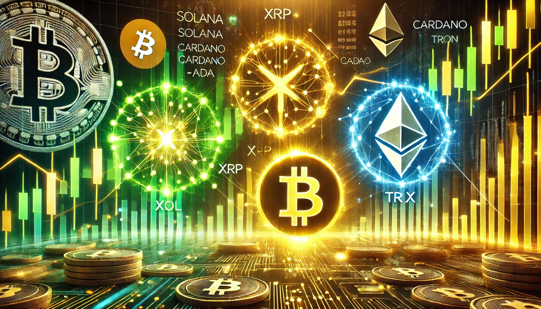 showcasing the rise of altcoins like Solana SOL XRP Cardano ADA and Tron TRX in the crypto market. The scene