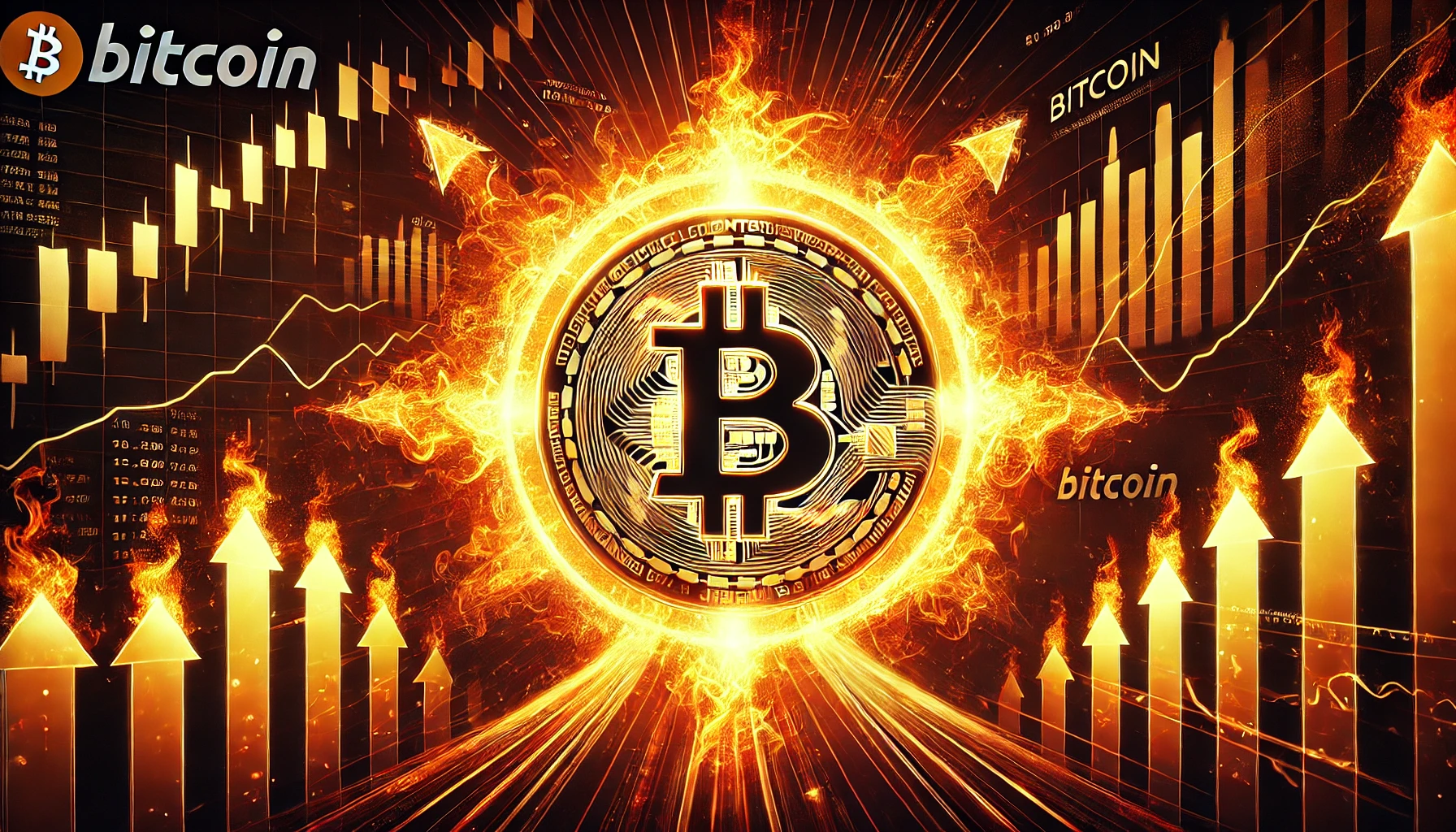 symbolizing Bitcoins rise toward 100000 with an intense and fiery theme. The design features a glowing golden Bitc