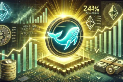 whales massive profit from trading Virtuals Protocol VIRTUAL tokens. The image features a large glowing V