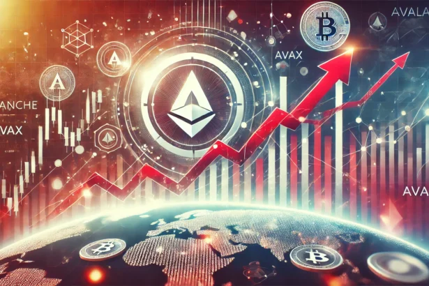 Avalanche AVAX and its growth in the cryptocurrency market. The image features the AVAX logo