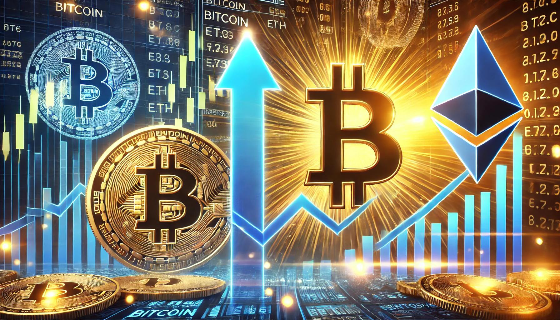 Bitcoin and Ethereum. The image features prominent Bitcoin BTC and Ethereum ETH