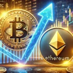 Bitcoin and Ethereums potential rally. The image features large glowing Bitcoin BTC and Ethereu