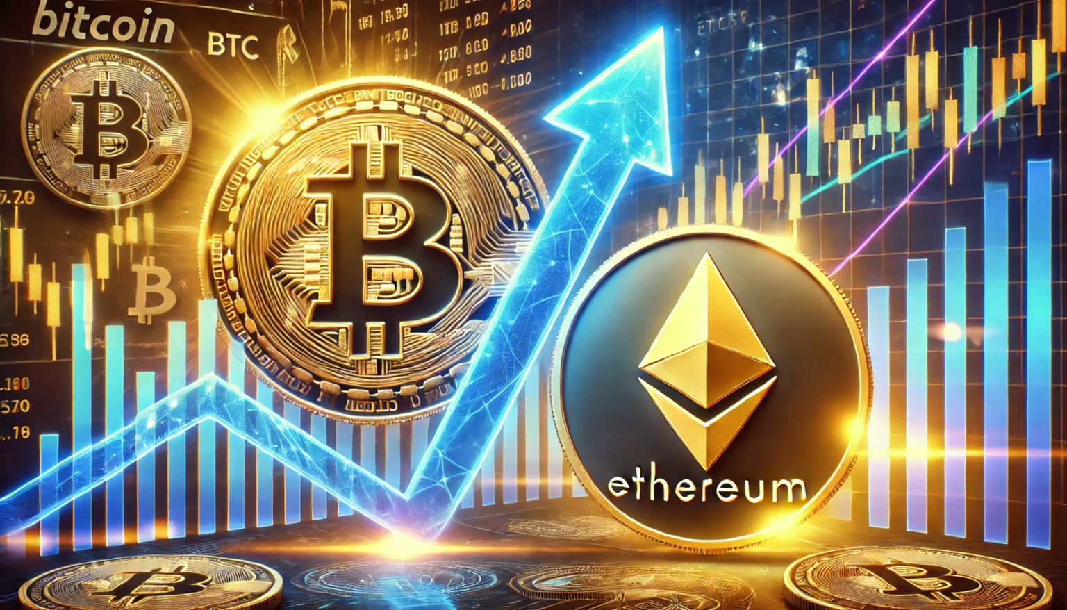 Bitcoin and Ethereums potential rally. The image features large glowing Bitcoin BTC and Ethereu