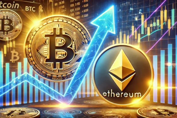 Bitcoin and Ethereums potential rally. The image features large glowing Bitcoin BTC and Ethereu