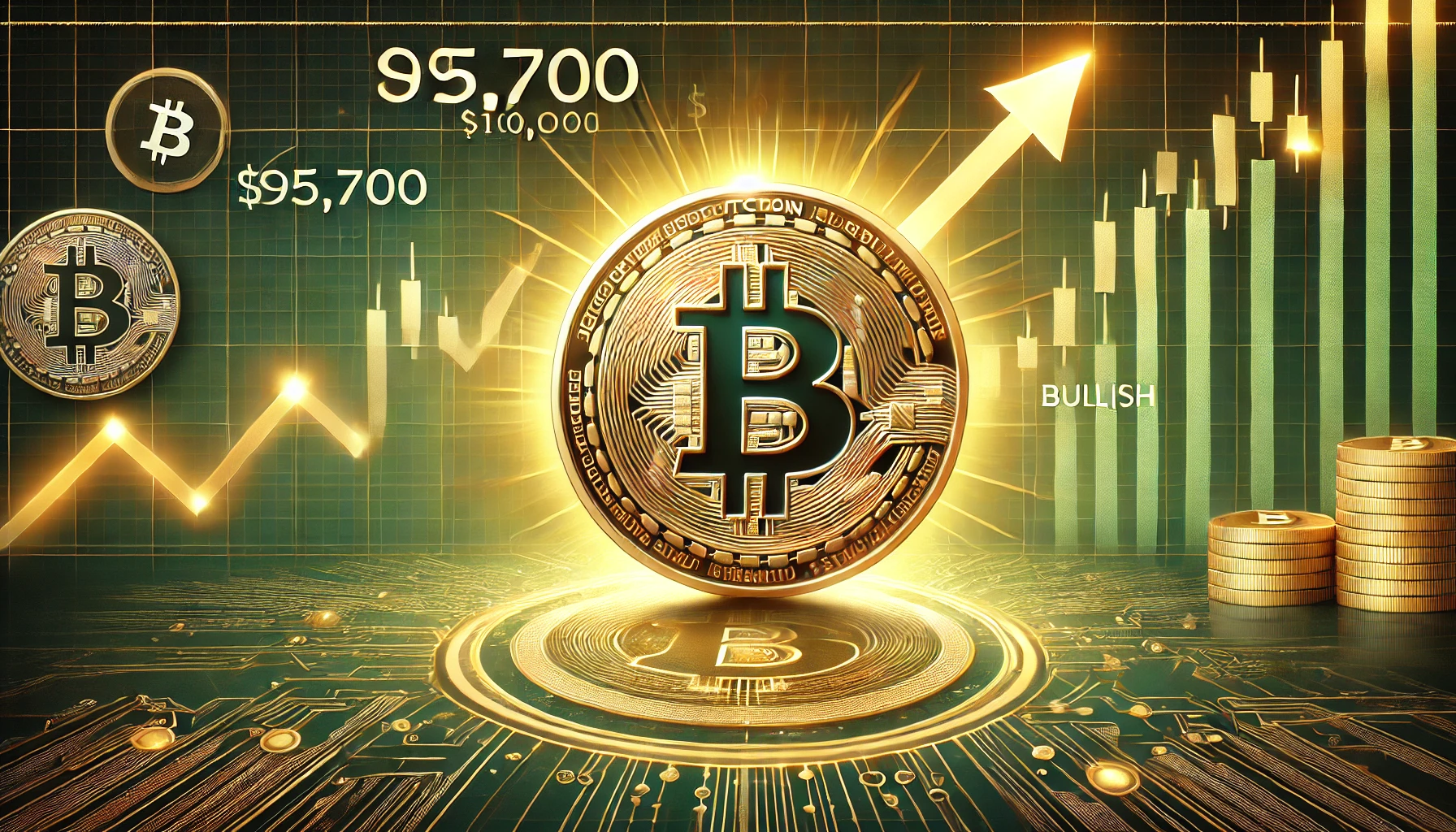 Bitcoin is bullish rally. The image features a glowing Bitcoin coin at the center