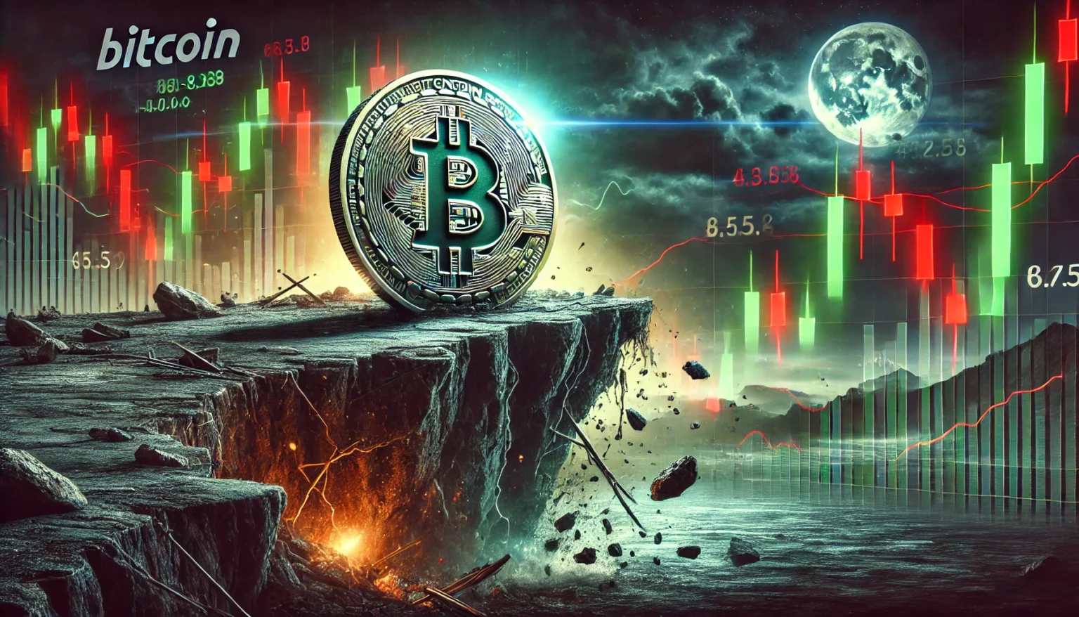 Bitcoin is potential price drop risk. The scene includes a large Bitcoin coin symbol teetering on t