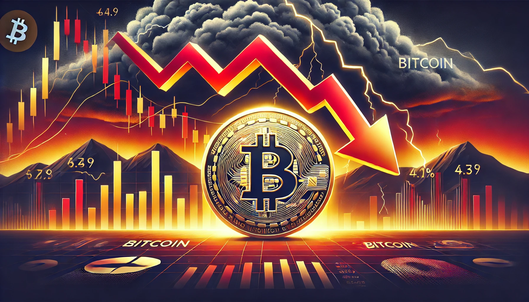 Bitcoin is recent decline and market uncertainty. The design features a glowing Bitcoin coin with a prominent do