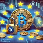 Bitcoin wallet privacy concerns due to EU regulations. The scene features a Bitcoin symbol partially obsc