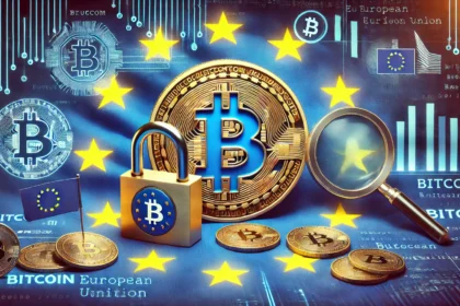 Bitcoin wallet privacy concerns due to EU regulations. The scene features a Bitcoin symbol partially obsc