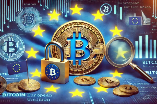 Bitcoin wallet privacy concerns due to EU regulations. The scene features a Bitcoin symbol partially obsc