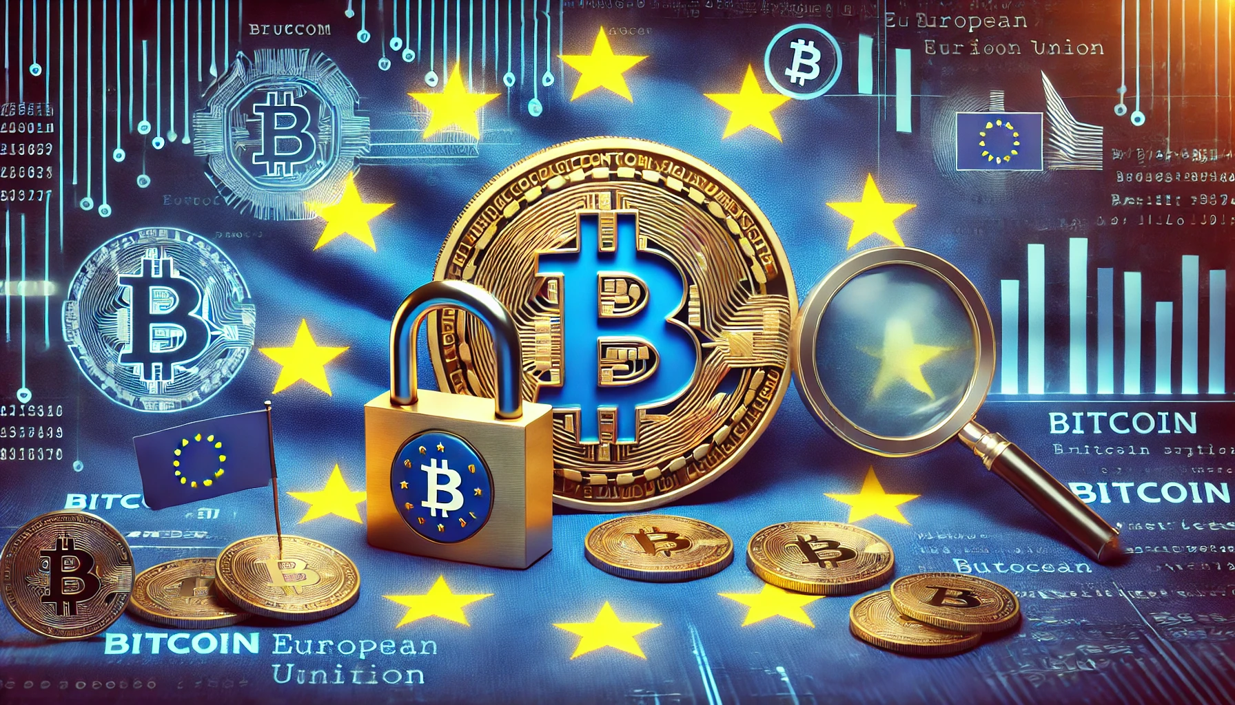 Bitcoin wallet privacy concerns due to EU regulations. The scene features a Bitcoin symbol partially obsc