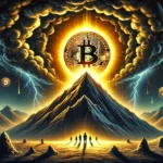 Bitcoins market speculation designed to grab attention. The scene shows a giant Bitcoin symbol glowing intensely a