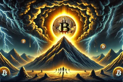 Bitcoins market speculation designed to grab attention. The scene shows a giant Bitcoin symbol glowing intensely a